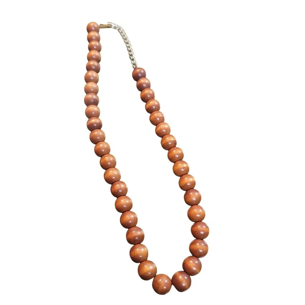 Vintage West Germany Wooden Beaded Necklace With Gold-tone Chain Clasp